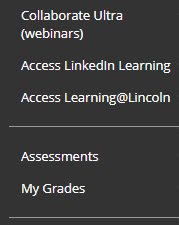 A screenshot showing the main navigation within your Blackboard module site. You should click the 'Assessments' tab.