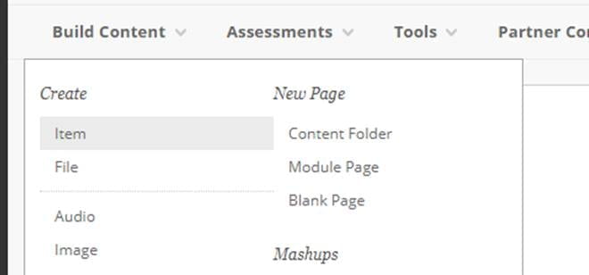 A screenshot showing the 'Build Content' menu from which you can choose the 'Item' option to add content to your module site.