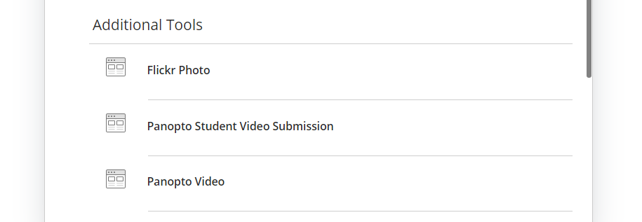 A screenshot showing the Additional Tools menu from which you should choose 'Panopto Student Video Submission'.