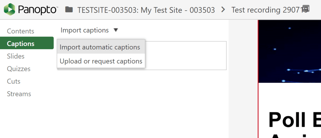 A screenshot showing the 'Captions' menu from which you should choose 'Import Automatic Captions' in order to generate automatic captions for your video.