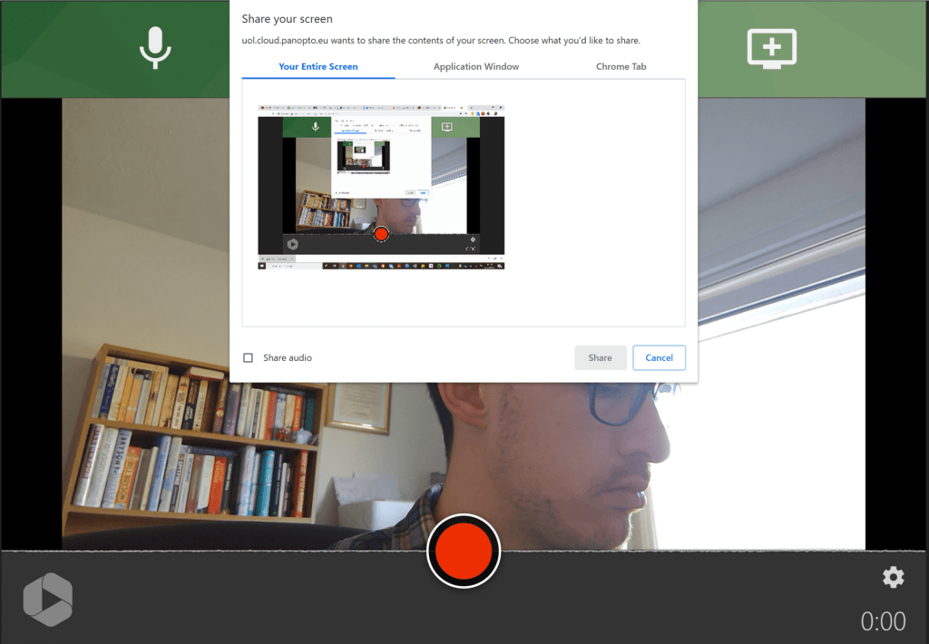 A screenshot showing the ability to Share your Screen to Panopto capture and record this as part of your video.