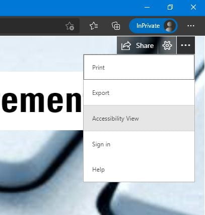 Screenshot of Sway page - the ellipses menu has been selected to show the 'Accessibility view' option.
