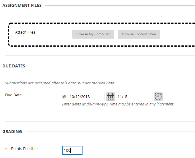 A screenshot showing the assignment files section from where you can upload additional files or drag and drop items to be included alongside your assessment. You can also set the due date and the points possible, always 100 in this case.