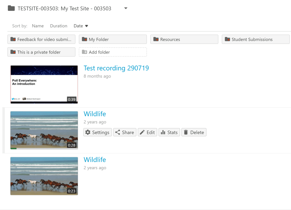 A screenshot showing your Test Site folder on Panopto where all videos will be located.