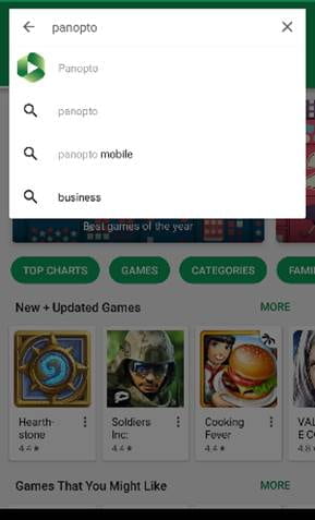 A screenshot showing the Panopto app being searched for on the Android app store.