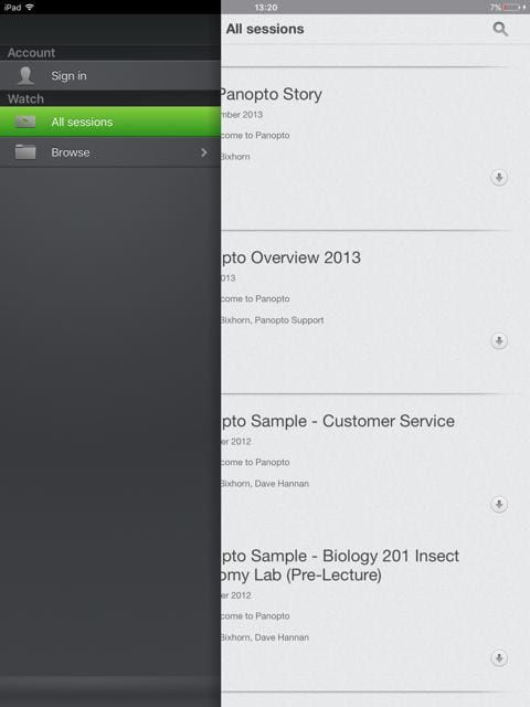 A screenshot showing 'All Sessions' in Panopto on iPad.