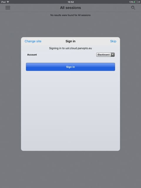 A screenshot showing the sign in button on Panpoto for iPad.