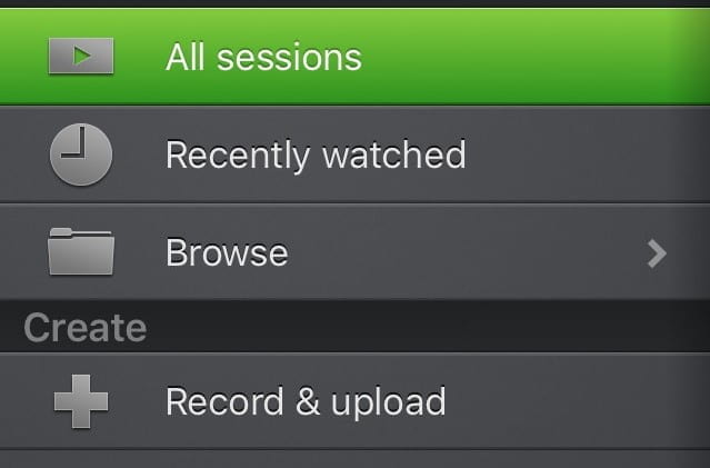 A screenshot showing the 'Record and Upload' menu item to start a new recording within the Panopto app for iPad.