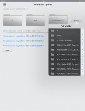 A screenshot showing all folders within the Panopto app for iPad.
