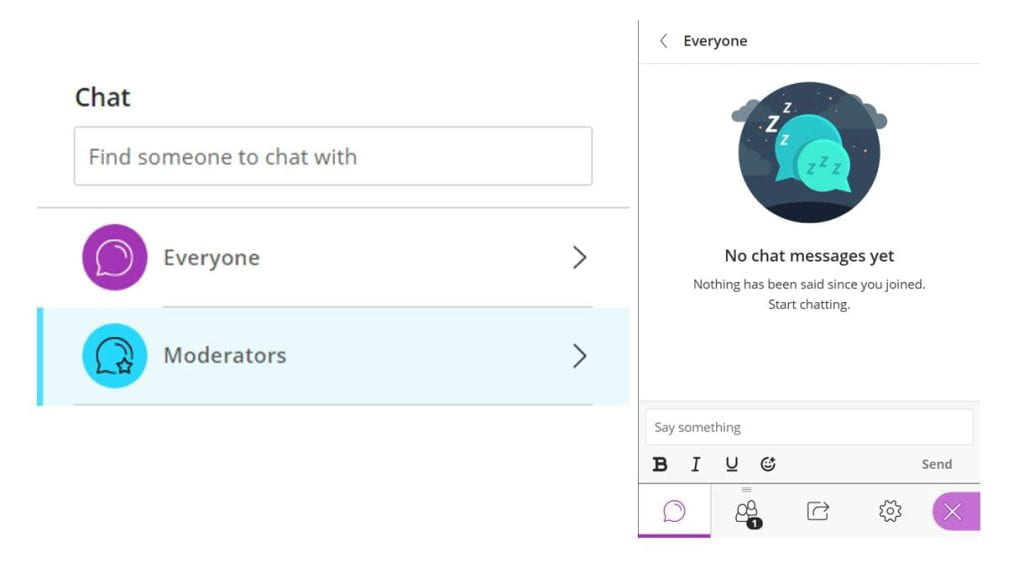 Two screenshots of the Blackboard Collaborate Chat Panel. The image on the left shows the option to message everyone or just moderators. The image on the right shows the chat interface with a text box and font formatting controls.