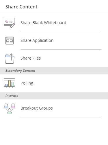 A screenshot of the Share Content tab in Blackboard Collaborate. Five functions are listed: share blank whiteboard, share application, share files, polling and breakout groups.