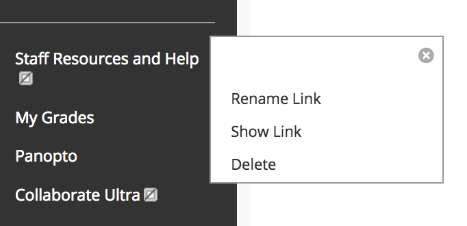 A screenshot of the Blackboard Course Site menu. The sub-menu is expanded to show three options: rename link, show link and delete.