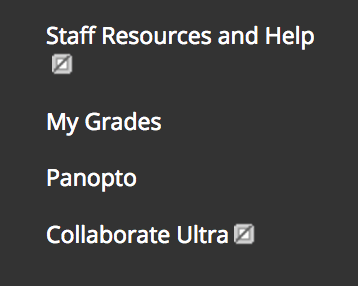 A screenshot of the Blackboard Course Site menu. The Collaborate Ultra tool link is shown with the hidden icon displayed.