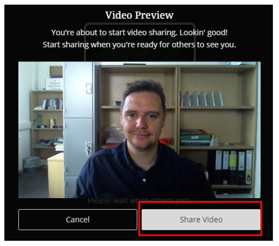 A screenshot of the Blackboard Collaborate Ultra Video Preview menu. Options to cancel or begin sharing video are shown.