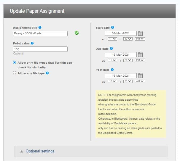 A screenshot of the Turnitin Assignment Creation window. options for assessment title, points value, and key submission dates are shown. An expandable menu is show for Optional Settings.