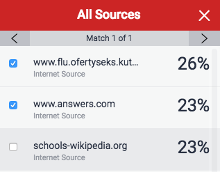 A screenshot of the All Sources list. Check boxes are shown next to each source to allow the user to exclude those with a high percentage that should not be included in the similarity report.
