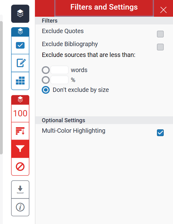 A screenshot of the Filters and Settings menu. The filters options include: exclude quotes, exclude bibliography, exclude items that are less than a word count or percentage.
