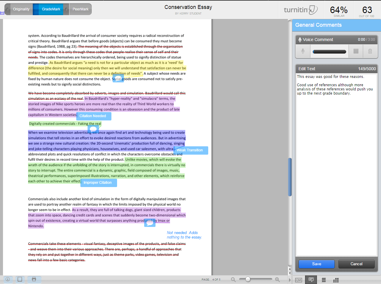 A screenshot of Turnitin GradeMark. An essay is shown with speech bubbles where the academic has added comments within the body of the paper.