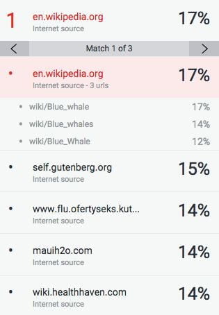 A screenshot that shows the overlapping sources from the similarity report. The Wikipedia website link is shown, with three sub links found on that website also with a similarity score.