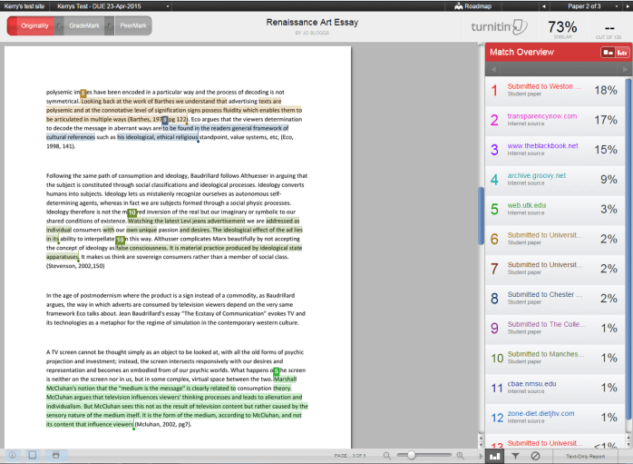 A screenshot of the Match Overview tab of Turnitin. An essay is shown with text highlighted, the colour of the highlight corresponds to a source shown in the Match Overview tab with high similarity.