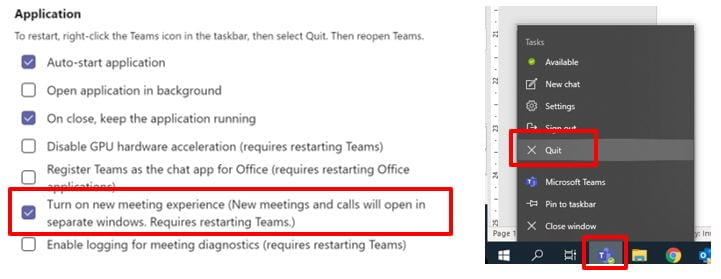 A screenshot of Application settings in Microsoft Teams. A red box highlights the option to Turn on new meeting experience. 