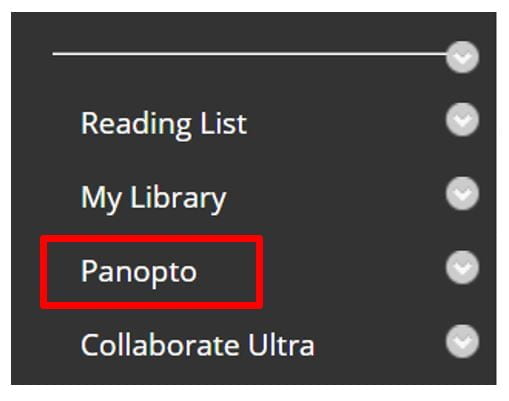 Screenshot of the Blackboard site content links with a red box to highlight the Panopto area of the module.