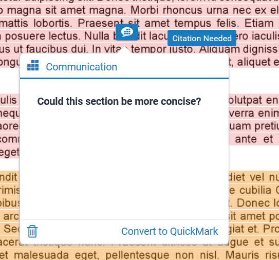 A screenshot of Turnitin PeerMark. A speech bubble icon is selected, the text box contains the question: "Could this be more concise?".