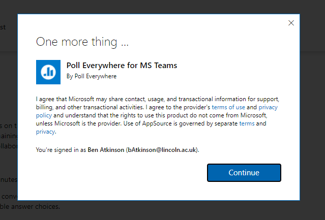 Screenshot showing the agreement message in the Microsoft Store for Poll Everywhere plugin.