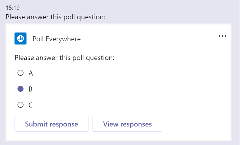 Screenshot showing a completed response to Poll Everywhere question in MS Teams.