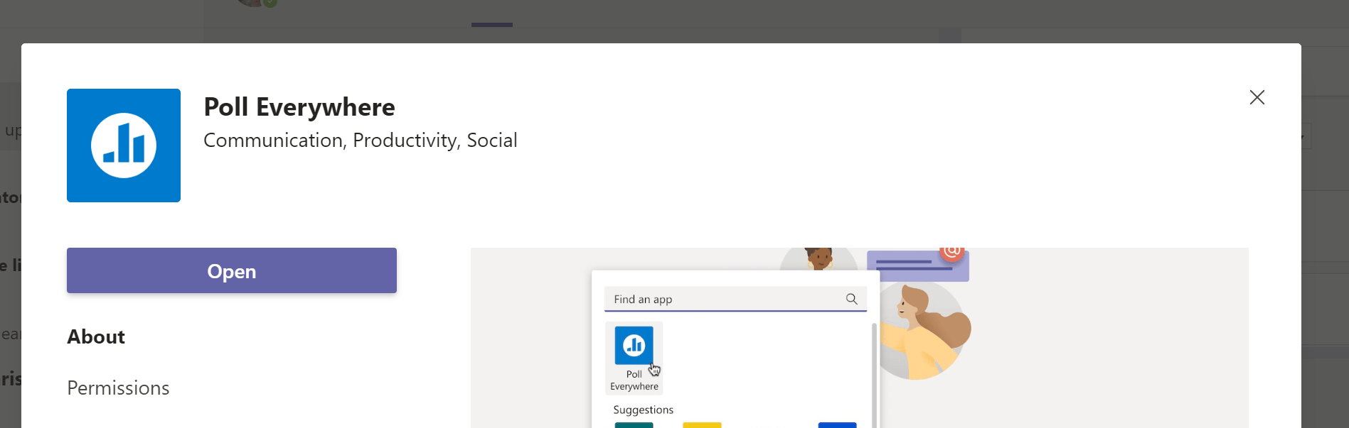 Screenshot showing the Poll Everywhere plugin being added to MS Teams.