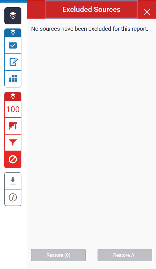 A screenshot of the Excluded Sources tab. Two buttons are shown to restore individual sources or restore all that have been excluded.