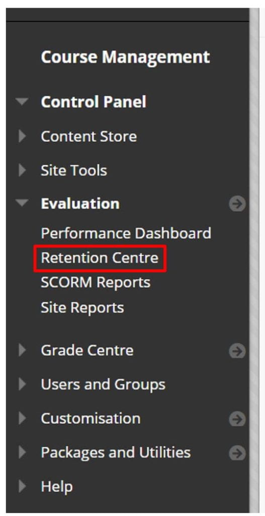 Expanded Evaluation tab in Blackboard with a red box to indicate the location of the Retention Centre tool.