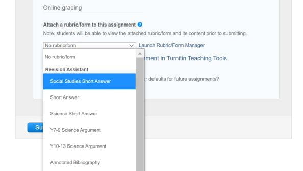 A screenshot of the Online Grading optional settings when Attaching a Rubric to a Turnitin assignment. A dropdown menu is expanded and shows a list of rubrics.