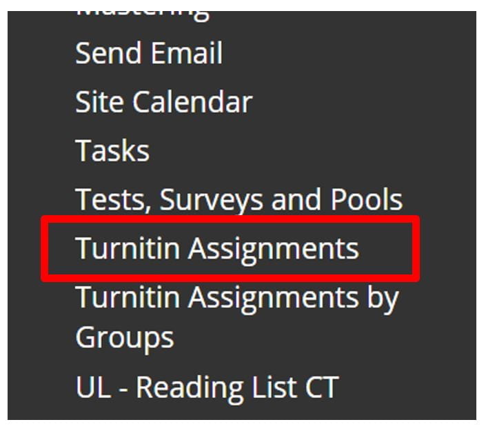 Screenshot of the Blackboard Course Management area. The site tools section is expanded and a red box highlights the Turnitin Assignments link.