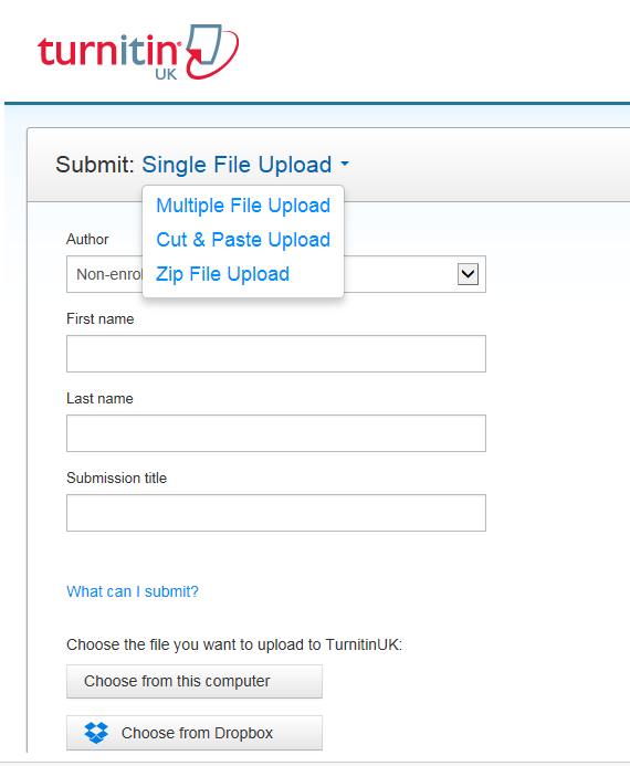 A screenshot of a Turnitin Submission Point, a menu is expanded to show options for single and multiple file upload, and cut and paste or zip file uploads.