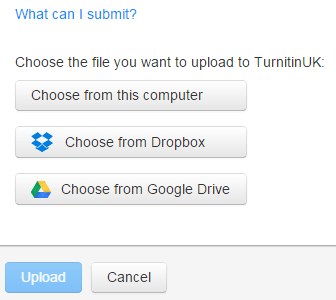 A screenshot of a Turnitin Submission Point. Three options are listed for uploading files: 'choose from this computer', 'choose from Dropbox' and 'choose from Google Drive'.
