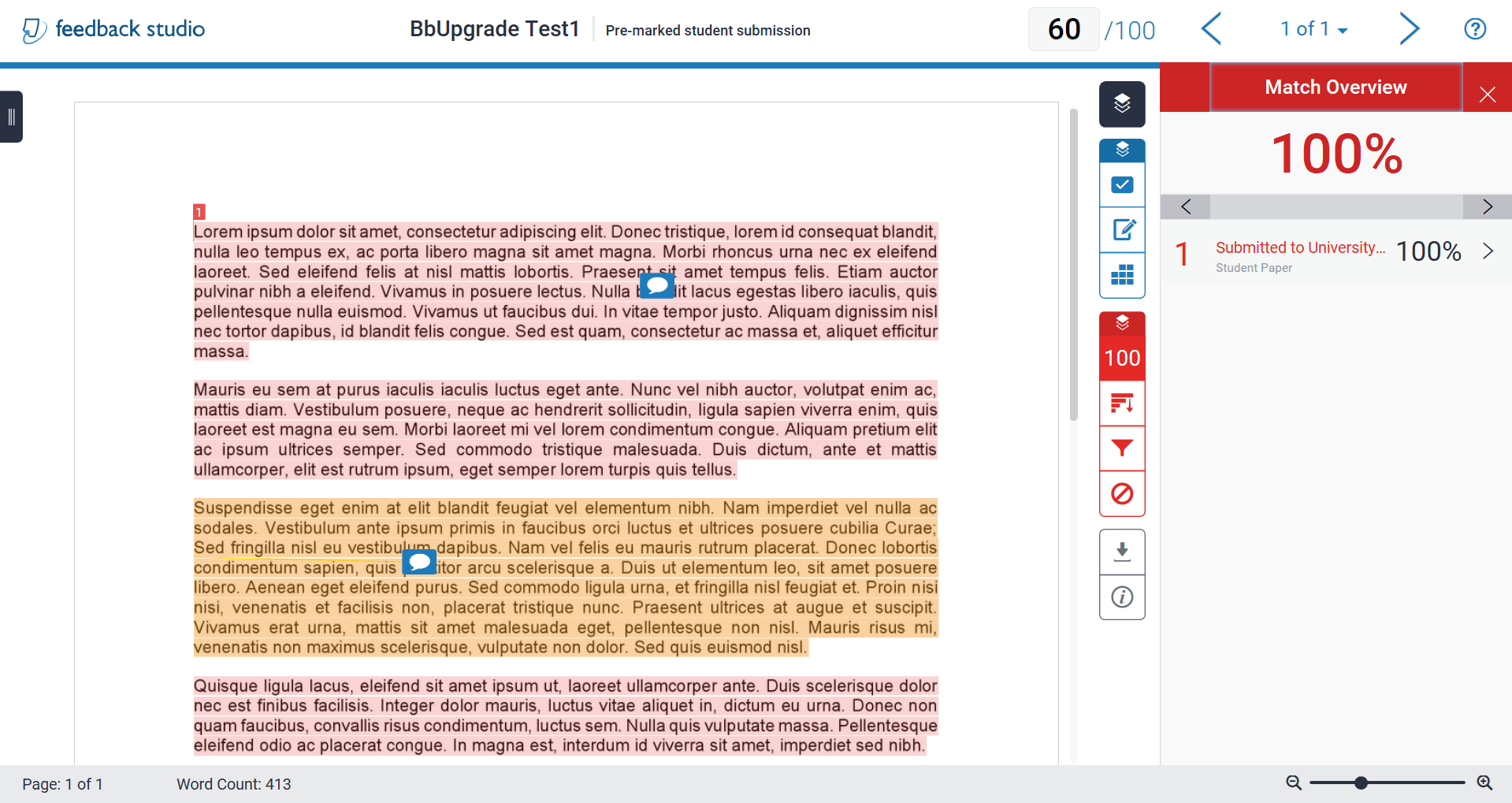 A screenshot of Turnitin Originality Check. The text of an essay is highlighted in red, and a similarity score of 100% is displayed on the right.
