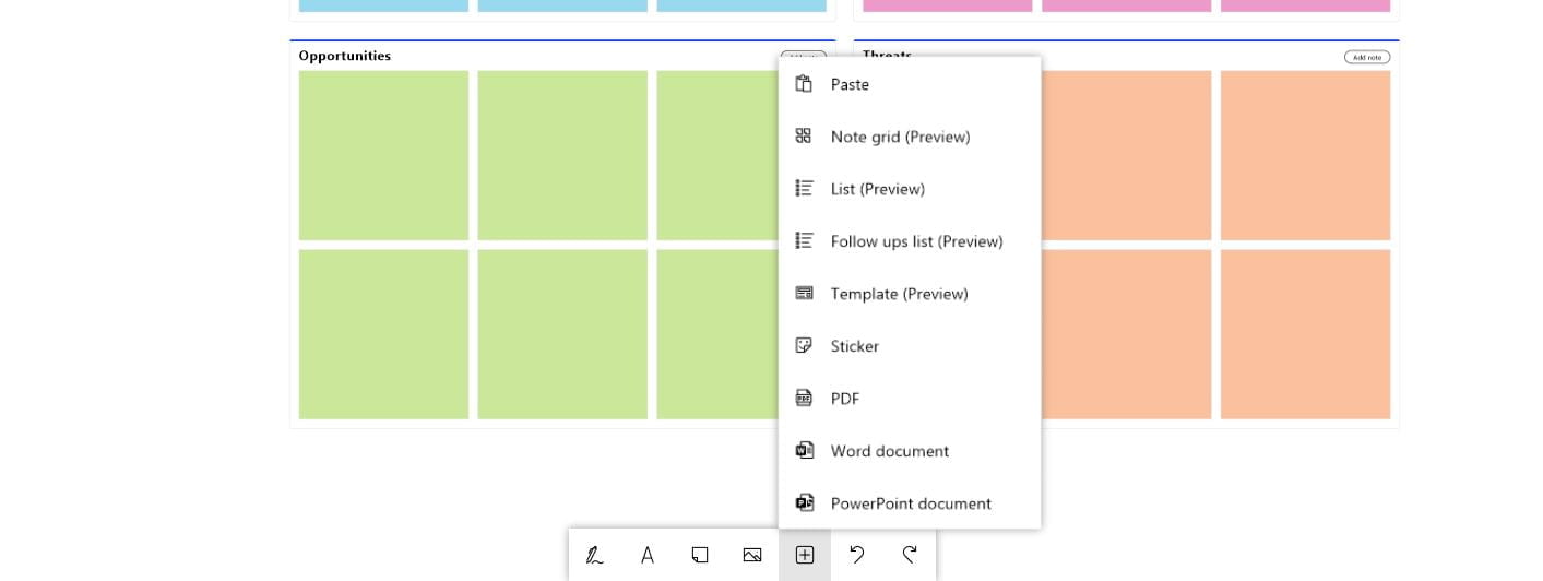 A screenshot of the Microsoft Whiteboard Desktop Application. The add content menu is expanded, listing content types that can be added to the Whiteboard space.