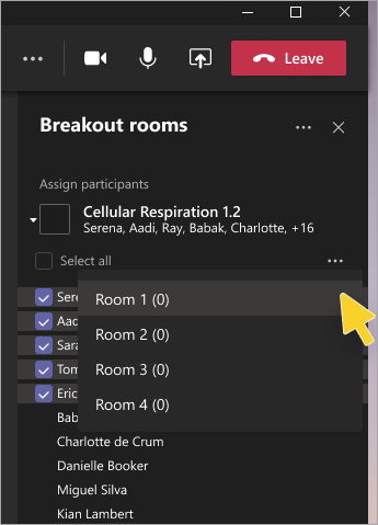 A screenshot of the Breakout Rooms menu, student names with checkboxes are shown and the rooms they can be added to.