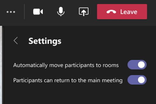A screenshot of the Room settings menu. The automatically move participants and return to the main meeting options are active toggle switches set to yes.
