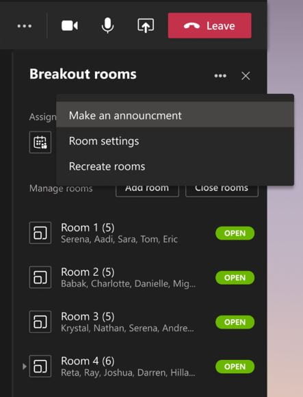 A screenshot of the breakout rooms interface. The more options menu is expanded, and reveals a Make an Announcement option.