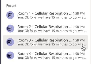 A screenshot of Microsoft Teams chats. Four chats are shown in the recent tab, they are named based on the module topic and the breakout room number.