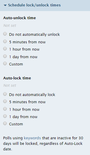 The schedule lock/unlock menu in Poll Everywhere lets you choose how the poll becomes available.