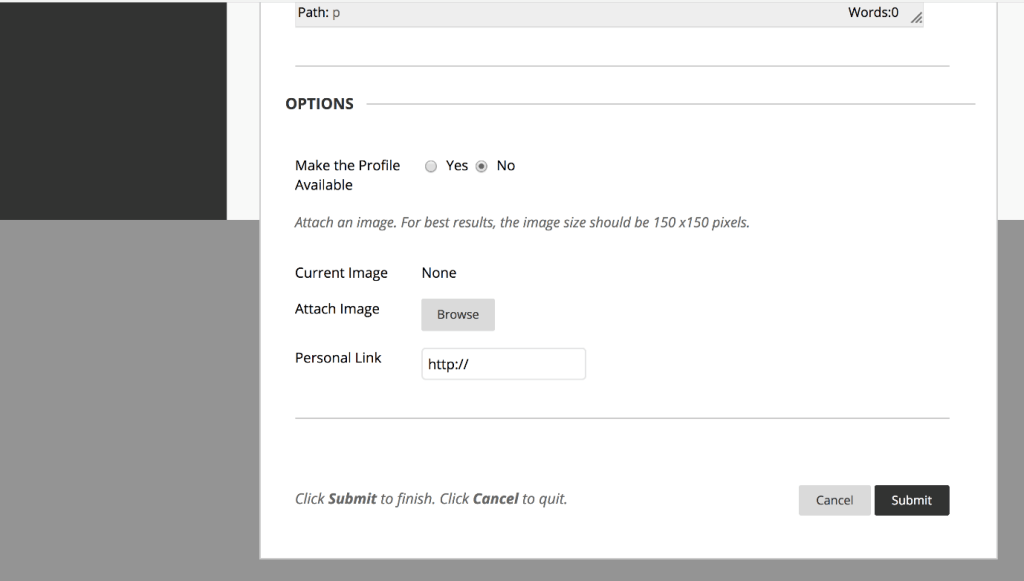 A screenshot showing how you can add an image to your profile on the 'Contacts' page within Blackboard.