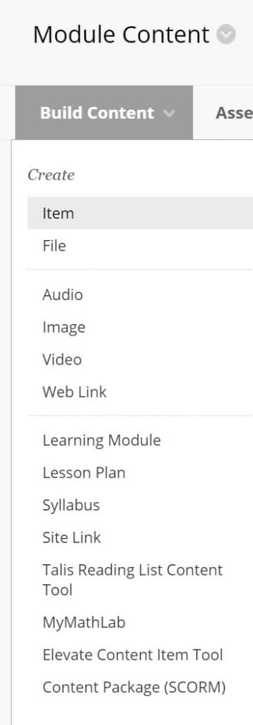 A screenshot showing how you can add a 'Web Link' within a a content area on Blackboard from the 'Build Content' menu.