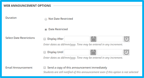 A screenshot showing how you can restrict when your announcement is sent by applying date parameters.