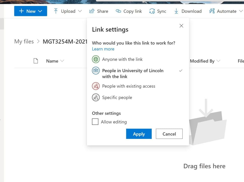 A screenshot showing the 'Link Settings' for any uploaded content on OneDrive. The image shows that you should share the content only to 'People in University of Lincoln with the link'.