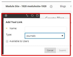 A screenshot of the Add Tool Link menu in Blackboard, the Name field, the type field, which is set to Journals, and the Available to Users checkbox is shown.