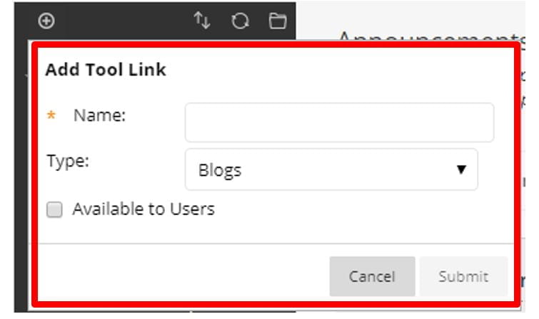A screenshot of the Add Tool Link menu in Blackboard, the Name field, the type field, which is set to Blogs, and the Available to Users checkbox is shown.