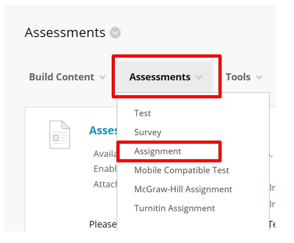 A screenshot to show the Assessments tab in Blackboard. A red box highlights the Assignment option.